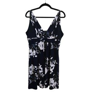Papillon Floral Sleeveless Dress Black White Blue Popover Size XL